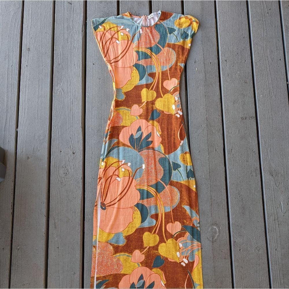 Zara Colorful Retro Floral Maxi Dress, Multicolored‎ Knit Side Cutout Small Size - Picture 5 of 12